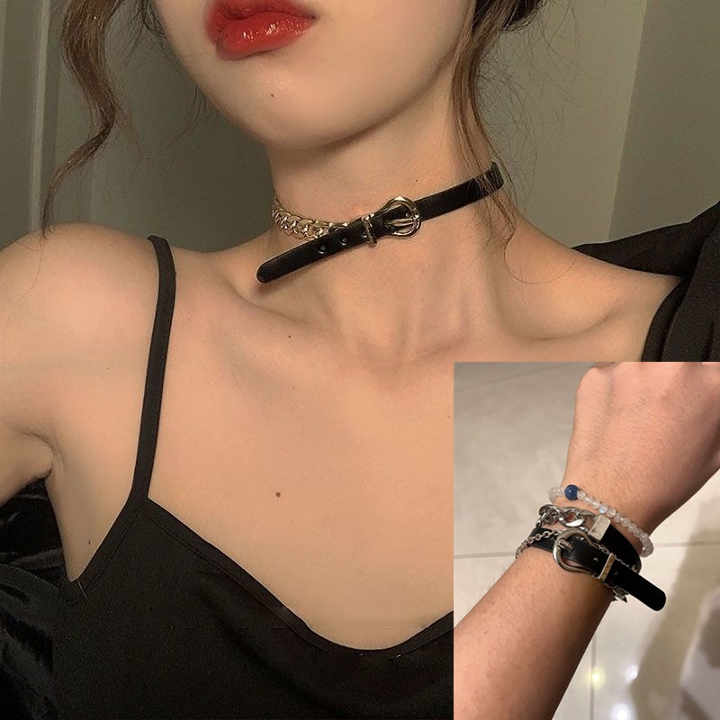Kalung Choker Gelang Tali Rantai Bahan Kulit Titanium Steel Gaya Hip Hop Untuk Wanita