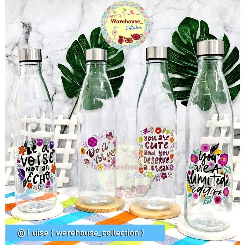 Botol Kaca Tutup Stainless BMG 1000 ML/ BMG 750ML | Glass Bottle DECAL/FLOWER/POLOS