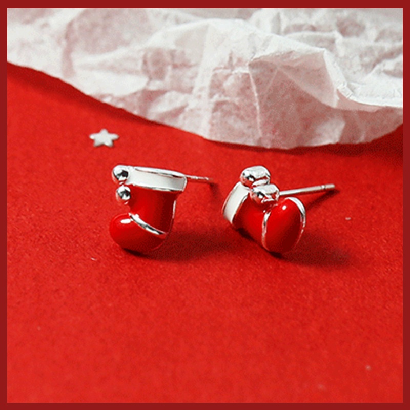 Anting Tusuk Sterling Silver 925 Desain Kaos Kaki Natal Warna Merah Untuk Wanita