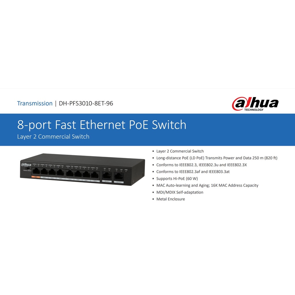 DH-PFS3010-8ET-96 DAHUA POE SWITCH HUB 8 PORT POE + 2 PORT GIGABYTE