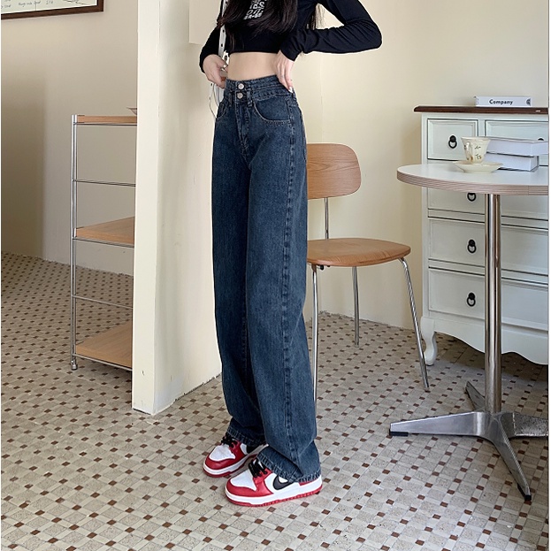 Jeans Wanita Berpinggang Tinggi Longgar Gaya Korea Lurus Berkaki Lebar