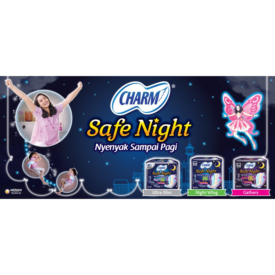 Charm Pembalut Wanita Body Fit Non Wing 23cm isi 1 pads dan Charm Safe Night Ukuran 29 dan 35 Cm isi 2 pads
