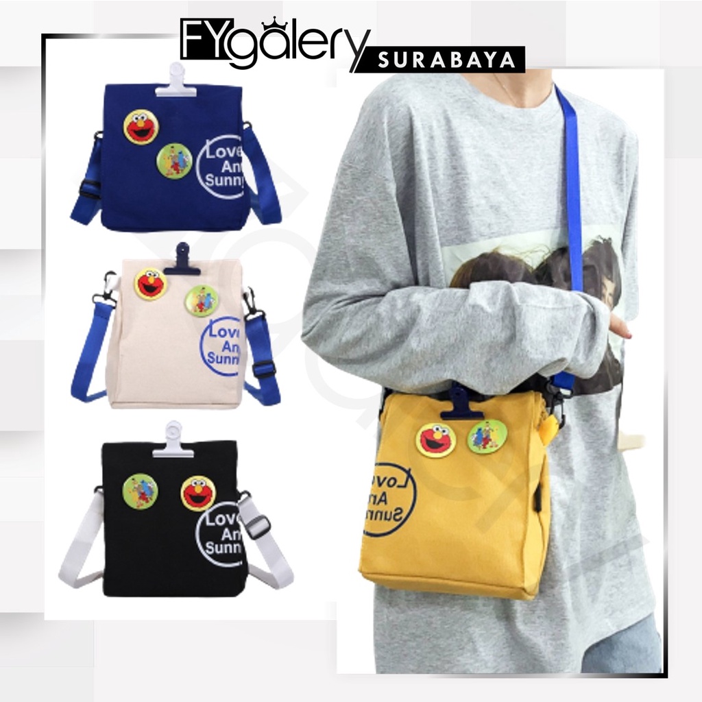 FYGALERYSURABAYA FYG1381 TAS SELEMPANG BAHAN CANVAS FREE 2 PIN GAMBAR ELMO/COOKIE MONSTER