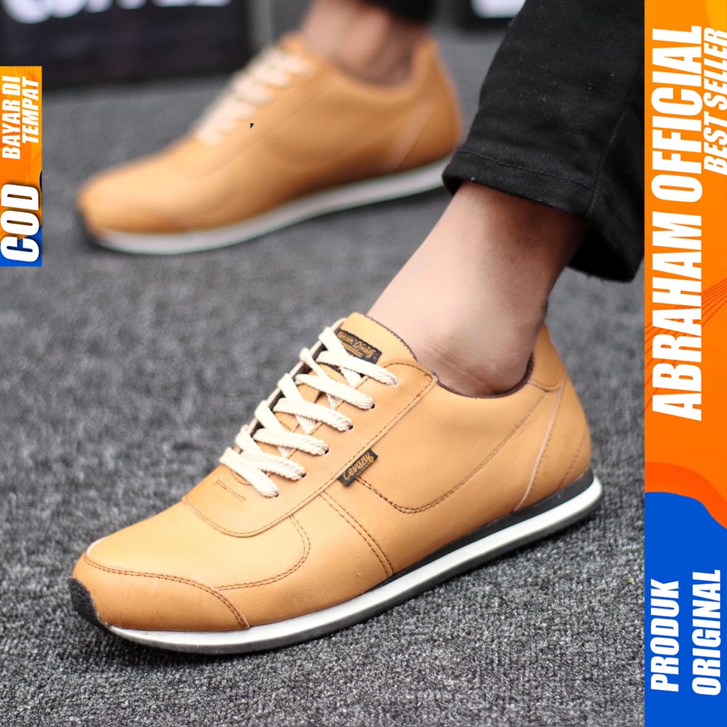 Sepatu Kulit Asli Sneakers Hitam Kerja Santai Pria Abraham Morley