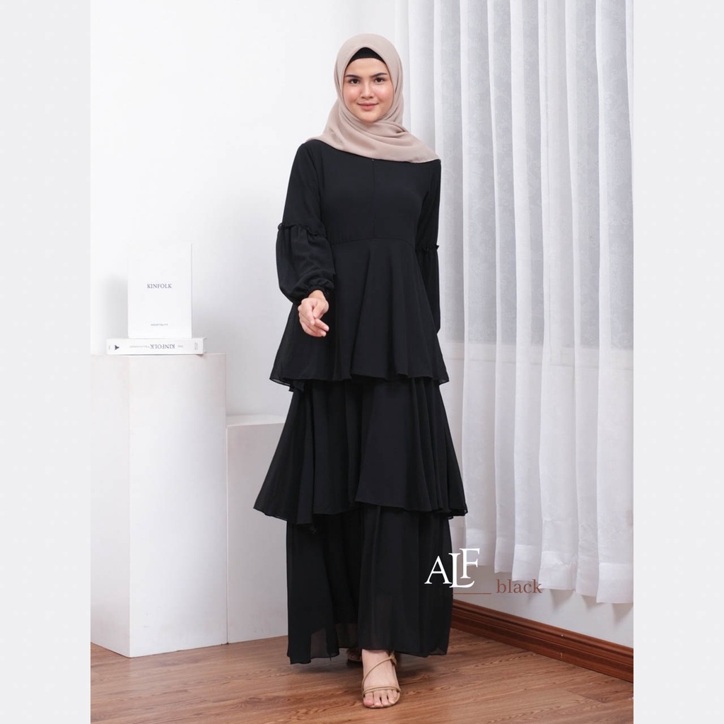 Jelita Dress Black by Alfaina Gamis Susun Hitam Ceruty Babydoll