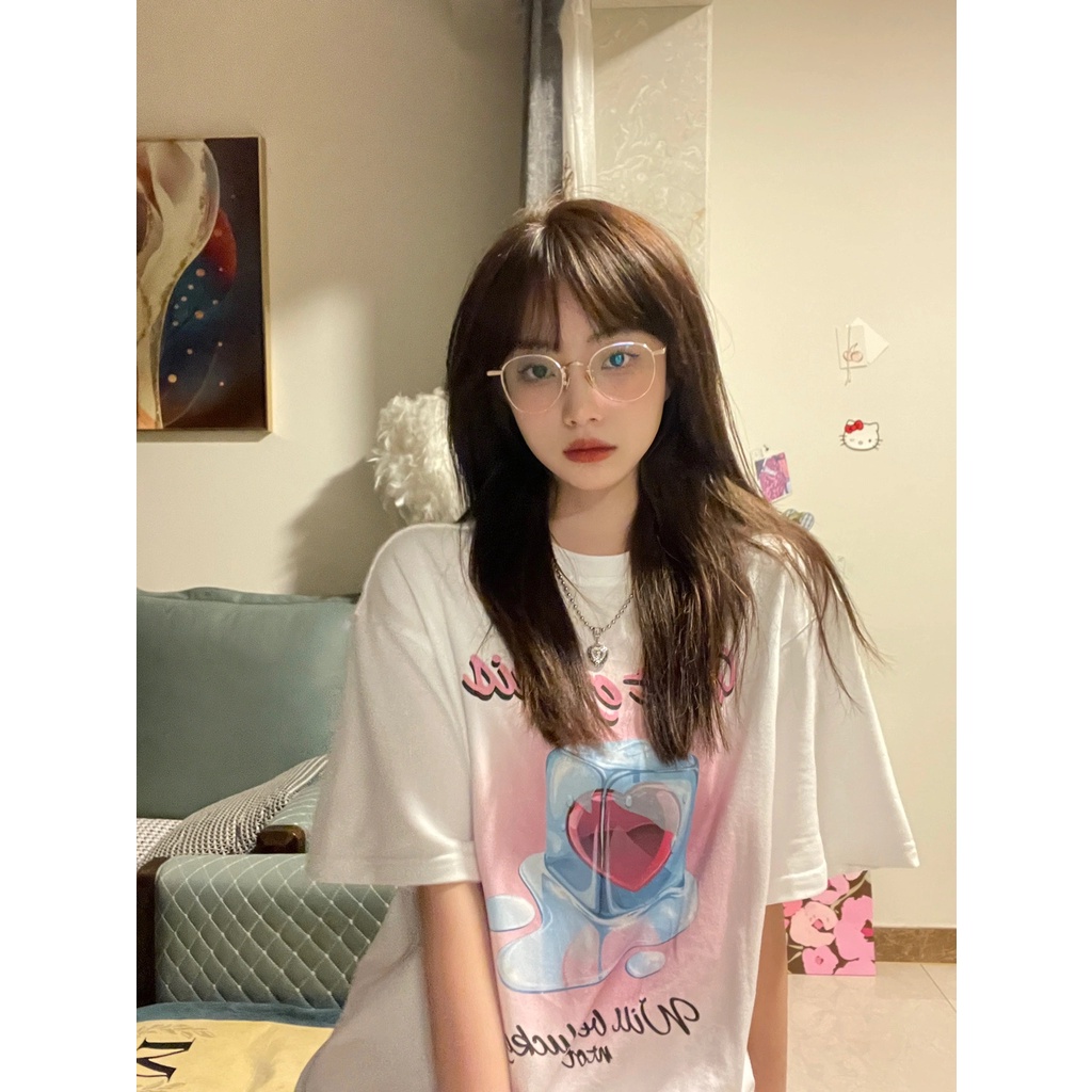 EUNII T-shirt Lengan Pendek Cinta Es Batu Pencetakan Longgar Korean Style/Kaos Atasan Wanita/Baju Kaus Oversize Wanita