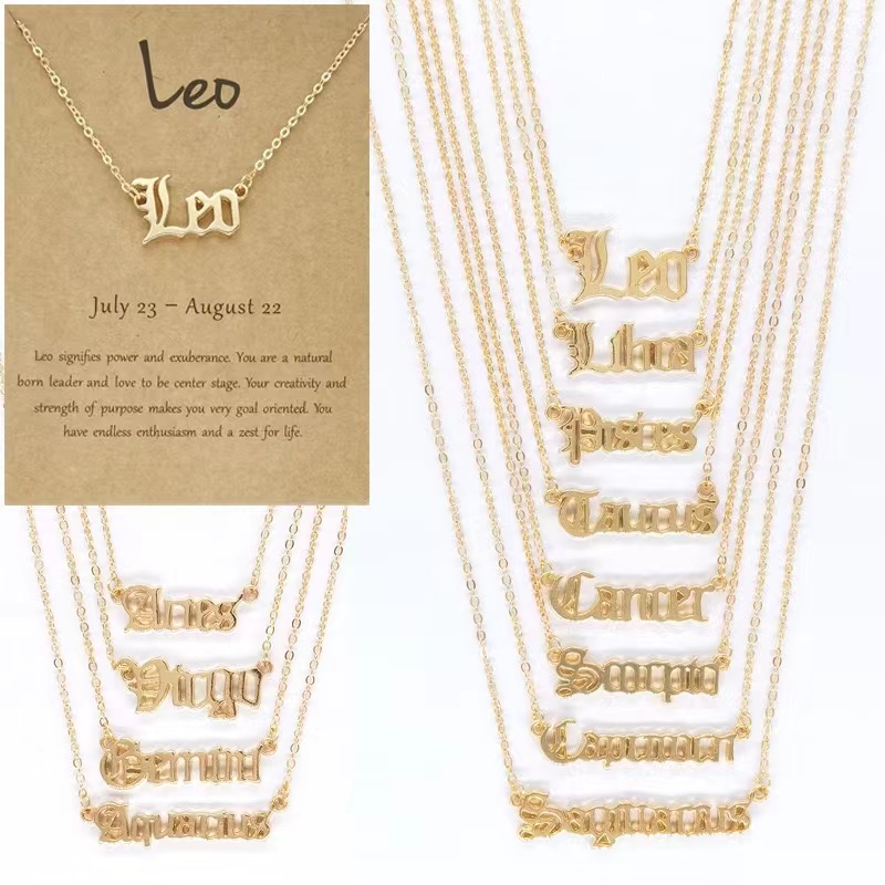 Kalung Rantai Pendek Liontin Desain 12 Rasi Bintang Gaya Retro Untuk Wanita