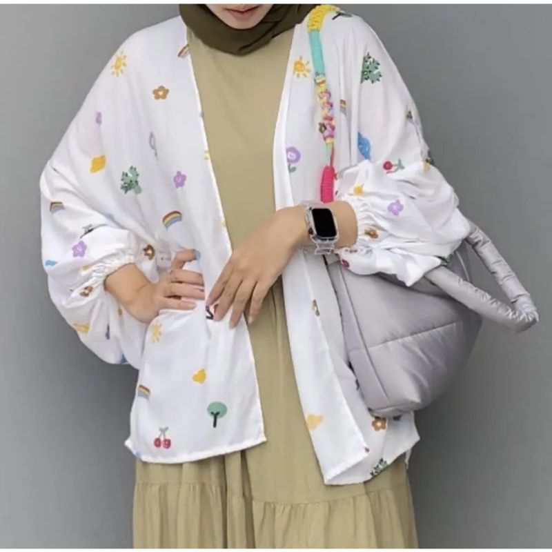 KIYOWO OUTER MOTIF OUTER LUCU CANTIK BERGAMBAR BUAH WARNA PUTIH CARDIGAN PENDEK CROP LENGAN BALON BA