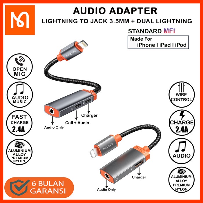 Mcdodo Ca-0950 Splitter Iphone 3 In 1 Adapter Dual Lightning + Dc3.5Mm