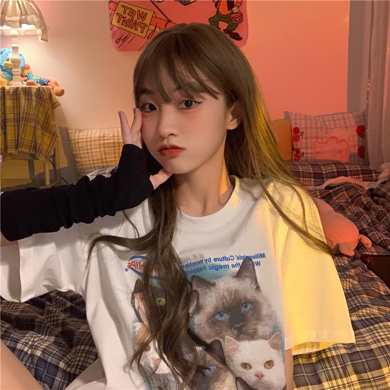 100% Katun Cat Graphic Tee Kaos Lengan Pendek Oversize Printed T-shirt Baju Wanita Atasan Kekinian Korean Style