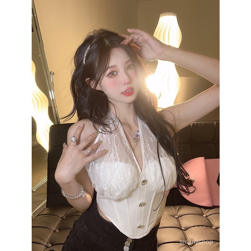 #Sisjuly# Wanita halter neck renda kamisol rompi wanita musim panas atasan kemeja bottoming pendek d