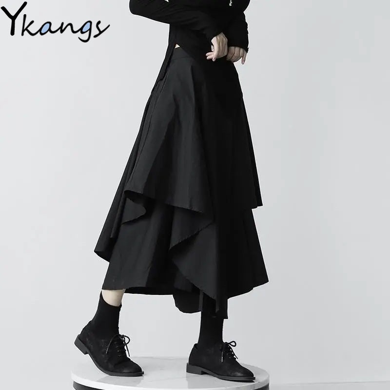 Japanese Gothic Irregular High-Waist Pleated Skirt Women Black Harajuku Punk Cargo Skirt 2021 Summer