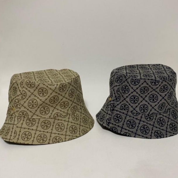 Topi Tory Burch Short Brim T-Monogram Bucket Hat Biru Navy / Coklat Hazelnut Cream Original lengkap 