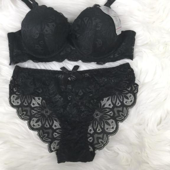 (BH + CD) Bra Set dan Celana Dalam Brukat Chrystella 690 32A-38A Kawat - Biru, 32