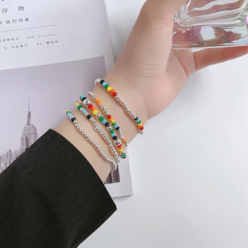 Roselife Gelang Tangan Wanita Manik Resin Elastis Warna Pelangi Desain Hati / Beruang / Smiley Face