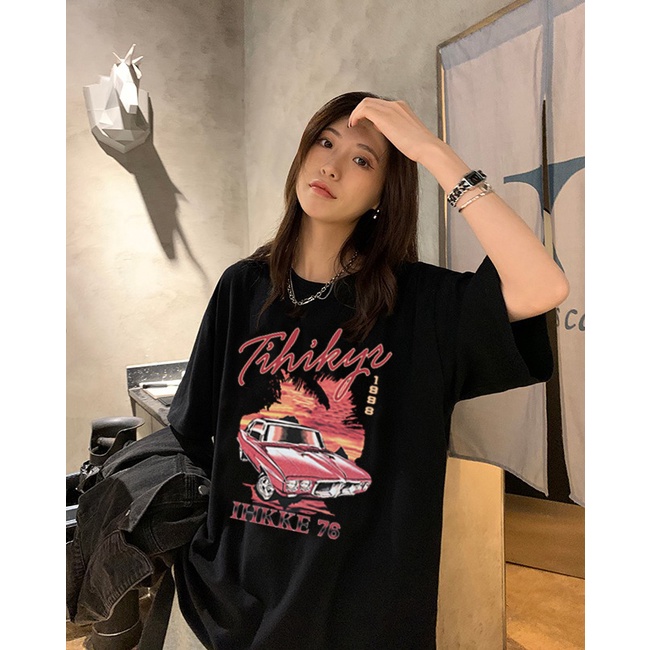 baju kaos wanita letters car graphic printing oversize atasan wanita korean style t shirt loose vintage top