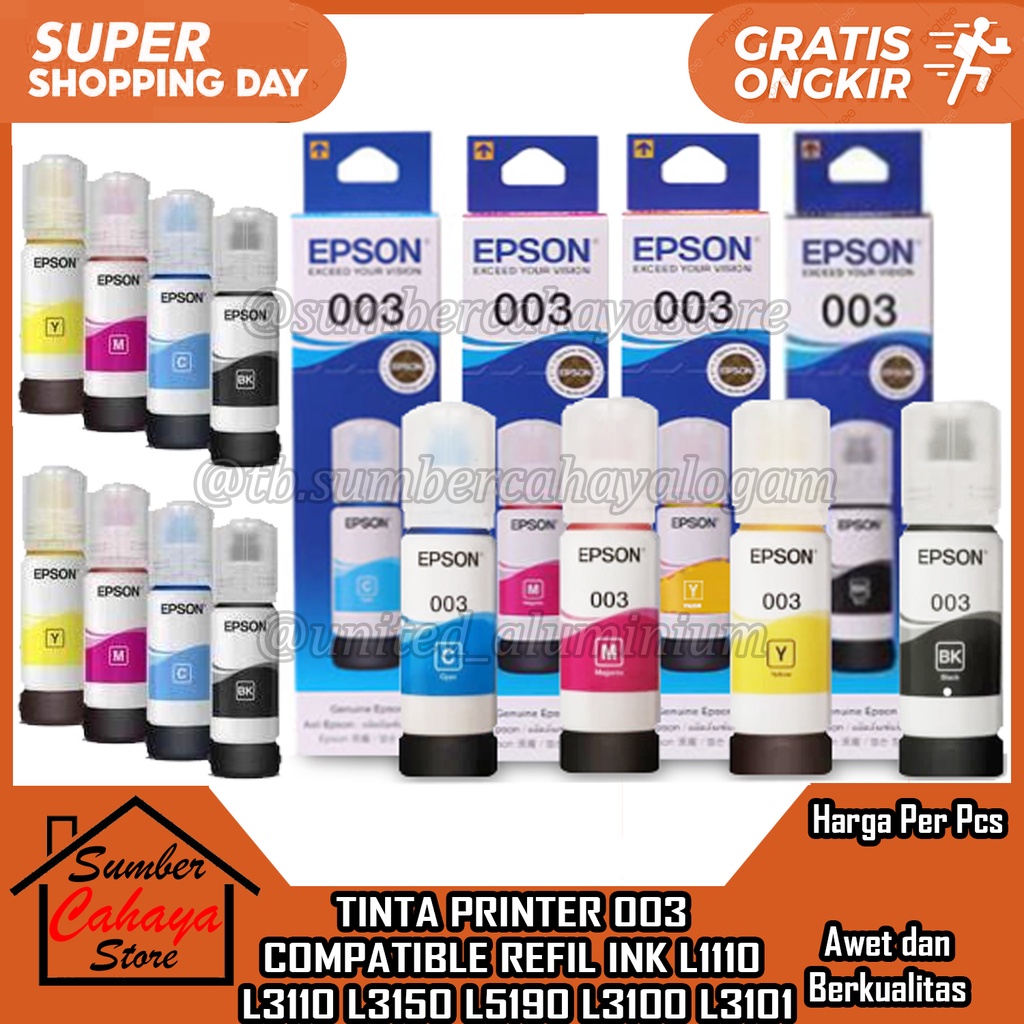 TINTA PRINTER 003 TIPE PERINTER L1110 L3110 L3150 L5190 L3100 L3101 ORIGINAL COMPATIBLE REFIL INK FR