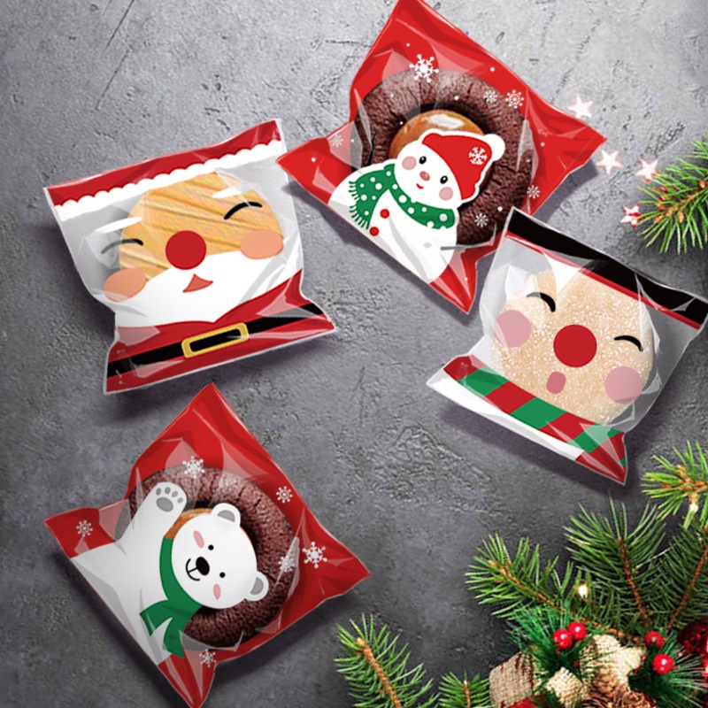 100pcs Kantong Permen / Biskuit Motif Rusa / Beruang / Pohon Natal / Santa Claus Untuk Hadiah Anak