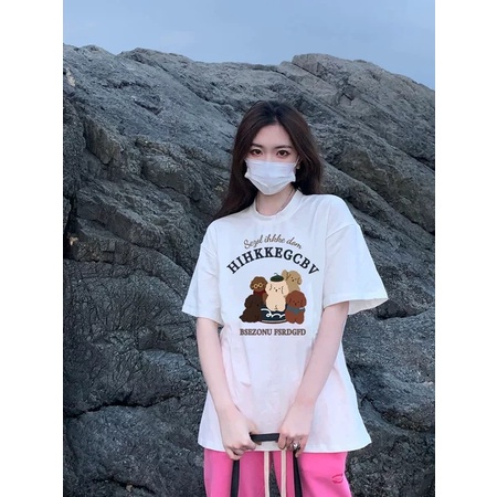 EUNII T-shirt Lengan Pendek Retro Kartun Anak Anjing Longgar Korean Style /Kaos Atasan Wanita/Baju Kaus Oversize Wanita