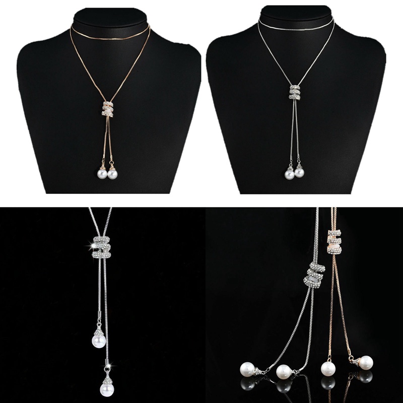 Kalung Panjang Lapis Silver Dengan Liontin Kristal Mutiara Untuk Pengantin