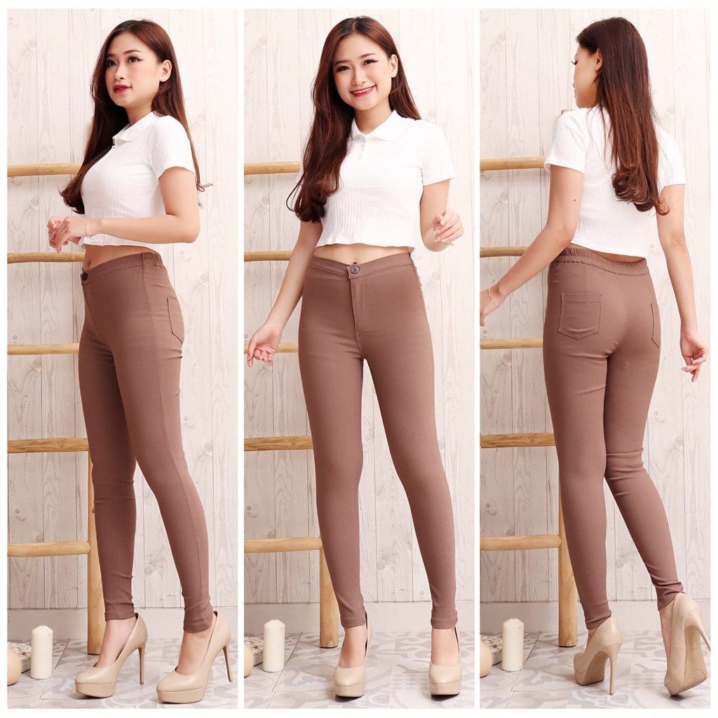 BESS - Celana Highwaist Cotton Strench Wanita - COKLAT MUDA