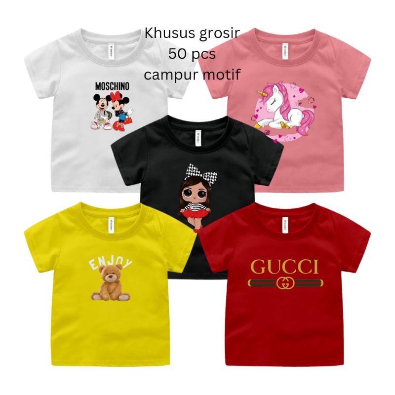 Grosir 50pcs Kaos Baju Anak Perempuan dan Laki Umur 2 Sampai 9 Tahun