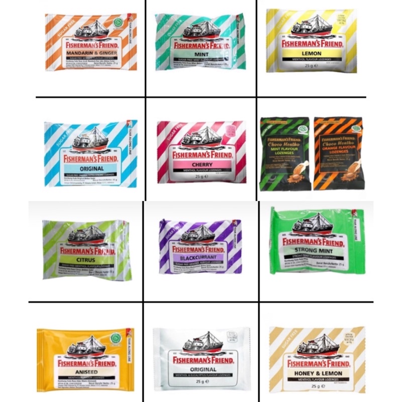 

Permen/Fisherman's Friend/Aneka Rasa/Choco/Mentho/Mint/Orange/Original/Biru/Putih/Citrus/Blackcurrant/Strong/Mint/Aniseed/Honey/Lemon/Mandarin Ginger/Cherry