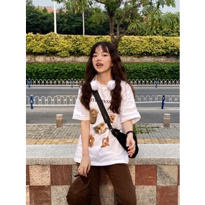 EUNII T-shirt Lengan Pendek Kartun Hidangan Penutup Pencetakan Longgar Korean Style/Kaos Atasan Wanita/Baju Kaus Oversize Wanita