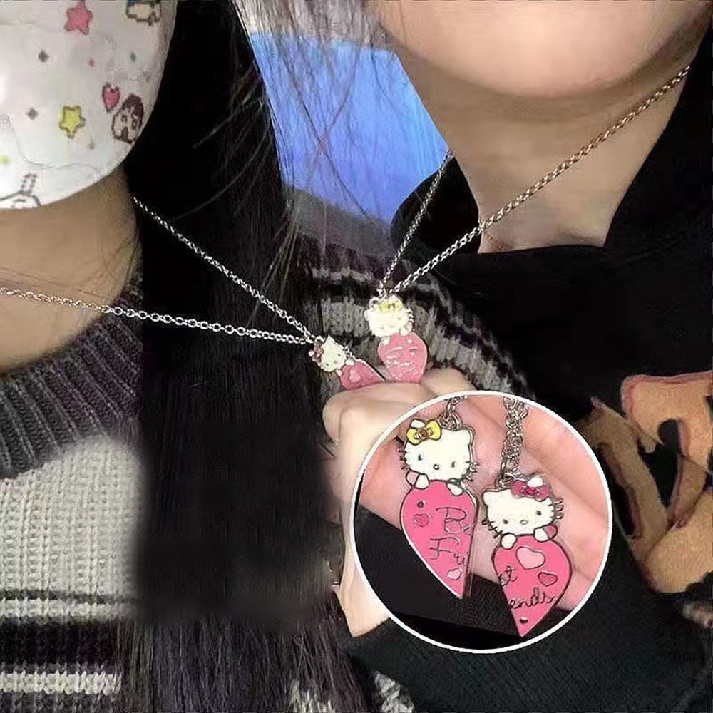 2pcs Kalung Persahabatan Dengan Liontin Bentuk Hati Warna Pink Untuk Wanita