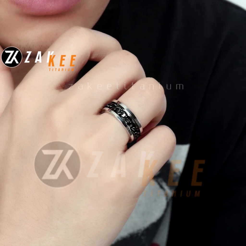 Cincin Pria Wanita Anti Karat Cincen Titanium Silver Rantai Hitam Cowok Cewek Keren