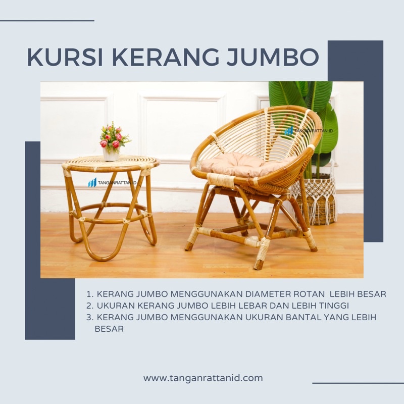 KURSI TERAS KERANG ROTAN JUMBO DAN MEJA 1 SET BANTAL / KURSI TAMU ROTAN MINIMALIS FINISHING