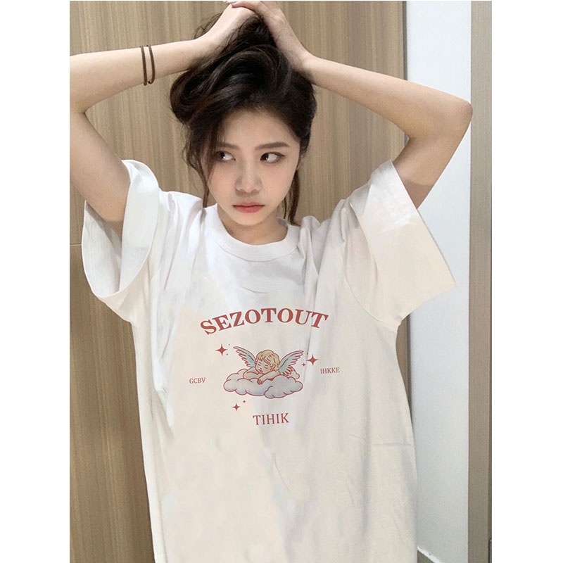 EUNII T-shirt Lengan Pendek imut Kartun malaikat kecil Pencetakan Longgar Korean Style/Kaos Atasan Wanita/Baju Kaus Oversize Wanita