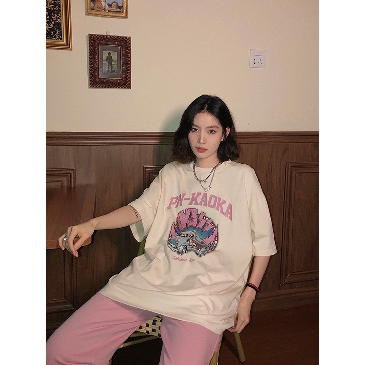 Kaos Lengan Pendek Retro Car Korean Style/Kaos Oversize Wanita/Atasan Wanita