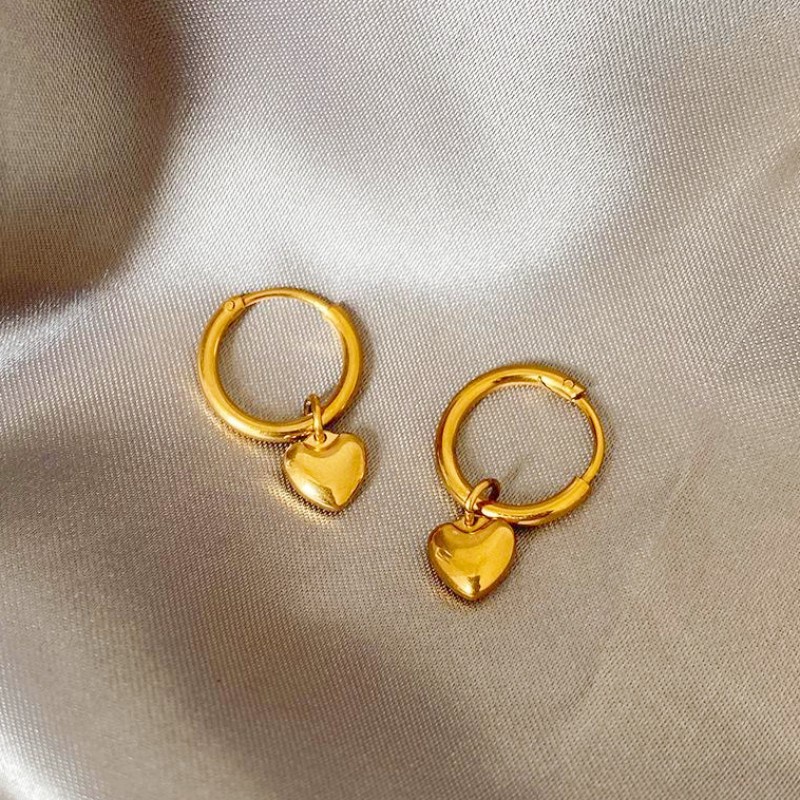 Anting Hoop Titanium Hati Lapis Emas 18K Anti Karat Aksesoris Perhiasan Wanita Fashion Korea