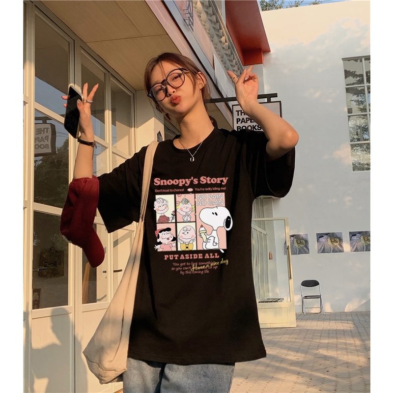 korean style lengan pendek oversize kaos wanita Snoppy's Story pattern printing T-shirt/kaos putih/hitam atasan wanita