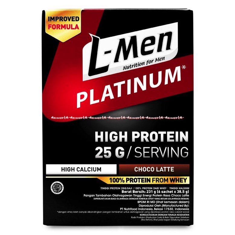 L-Men Platinum 231gr High Protein Choco Latte High Calcium Protein From Whey Lmen Susu Nutrisi Untuk Pria Cowok Agar Lebih Berotot Fitnes L men Bubuk Rasa Coklat Late 6 sachet Kemasan Merah