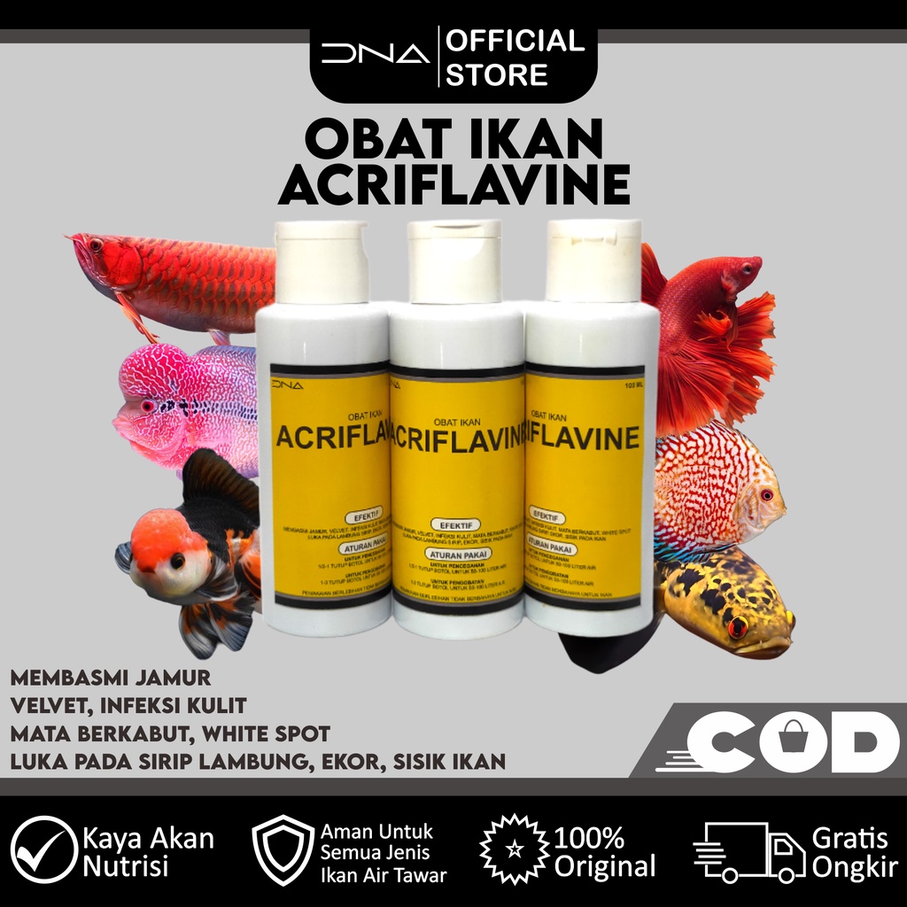 Obat Ikan ACRIFLAVINE 100 ML untuk segala jenis penyakit ikan Untuk jamur kutu velvet mata berkabut luka gores luka pada sirip ekor insang sisik obat kuning