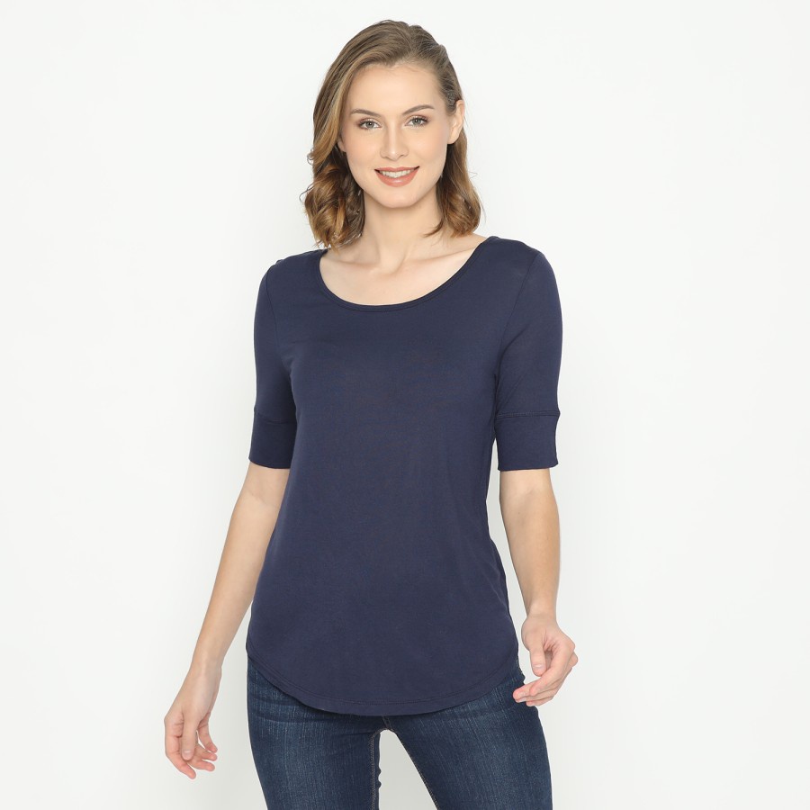 Kaos Wanita HnM Basic Tee Quarter Sleeve Navy Blue HnM Polos
