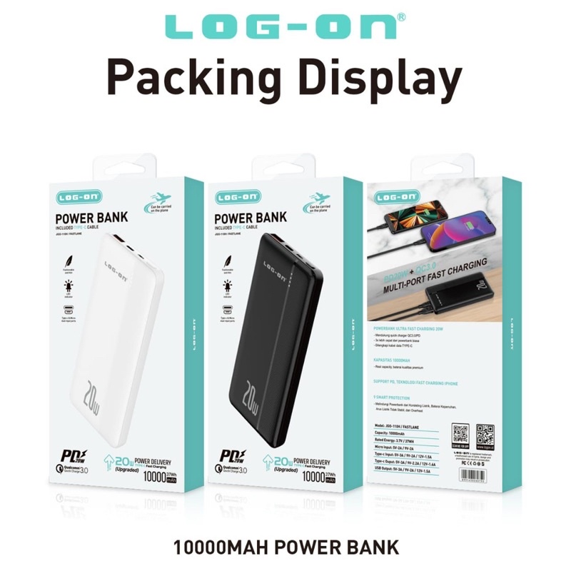 Powerbank Log on Fastlane JGO-110H 10.000MAH Support QC 3.0 &amp; PD 20W