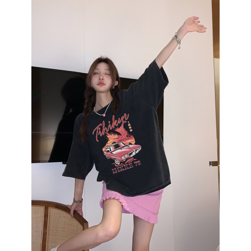 baju kaos wanita letters car graphic printing oversize atasan wanita korean style t shirt loose vintage top