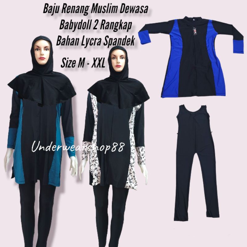 Baju Renang Muslim Hijab Dewasa/Baju Renang Muslim Dewasa Baby Doll 2 Rangkap/Baju Renang Muslim Dewasa Bahan Lycra Spandek