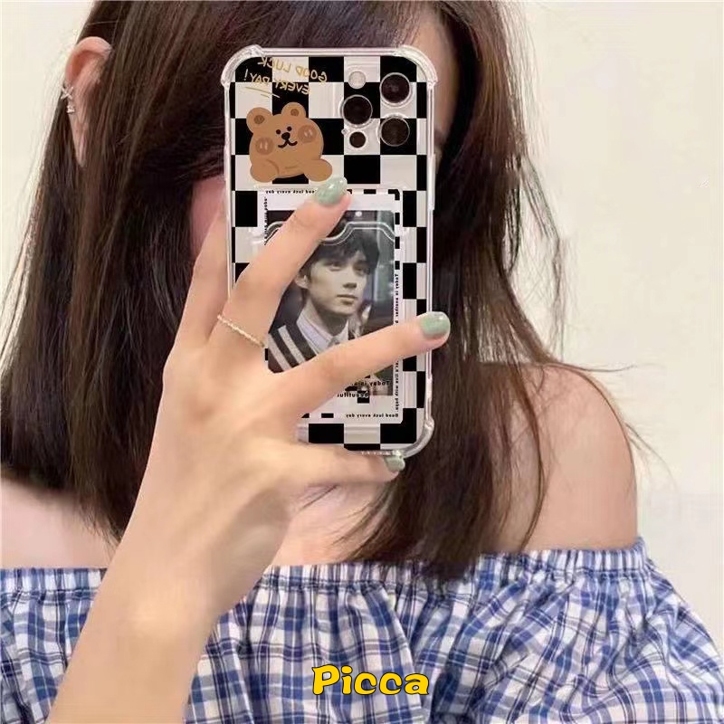 Tempat Kartu Dompet Slot Case Redmi A1 10A 10 9 9A 10C 9C NFC Redmi Note 11Pro 9Pro Note9 Note10 Note11 10s Pro Max Mi 11 Lite Kartun Lucu Kotak-Kotak Bear Transparan Shockproof Cover