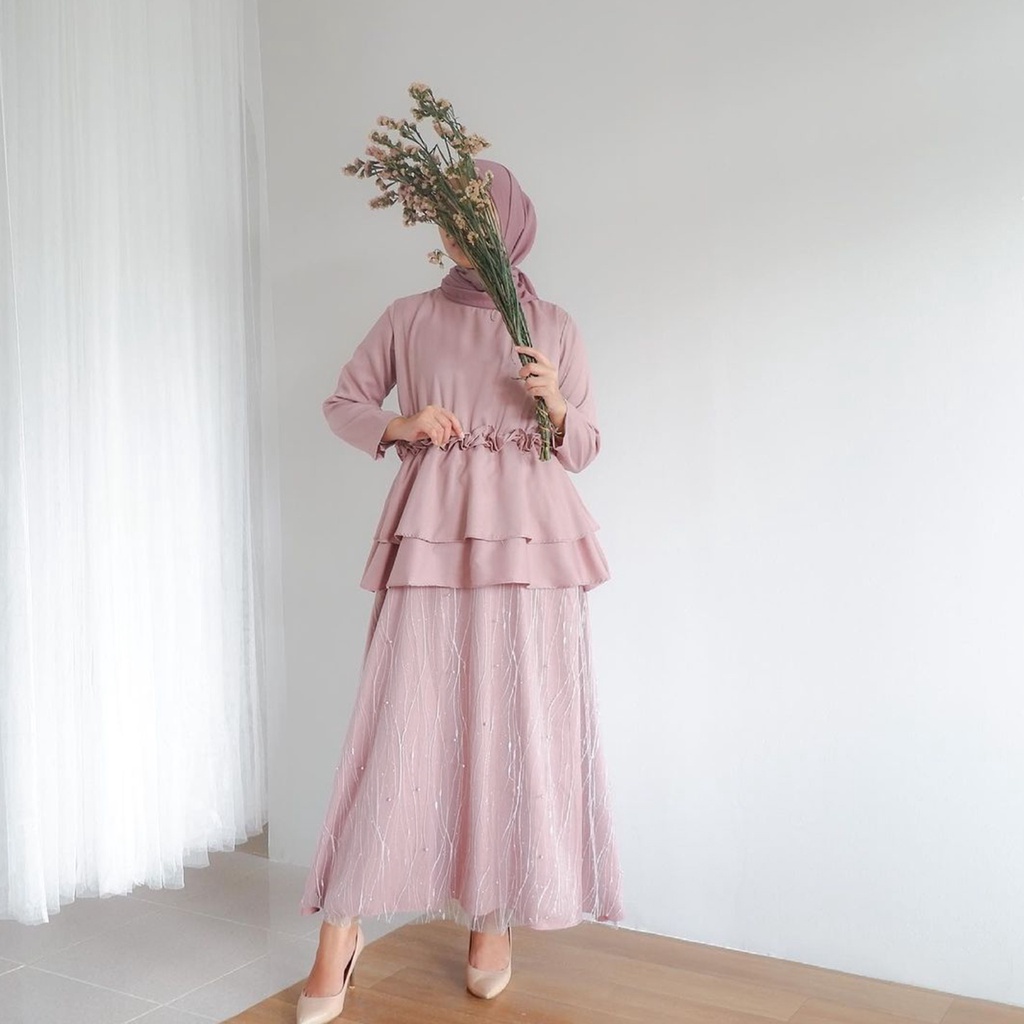 Ghania Dress Kondangan Tulle Mutiara / Dress Bridesmaid Maxi Brukat Modern / Baju Kondangan Wanita / Outfit Wanita Kekinian / Gamis Brukat Pesta Kondangan / Baju Wisuda Terbaru