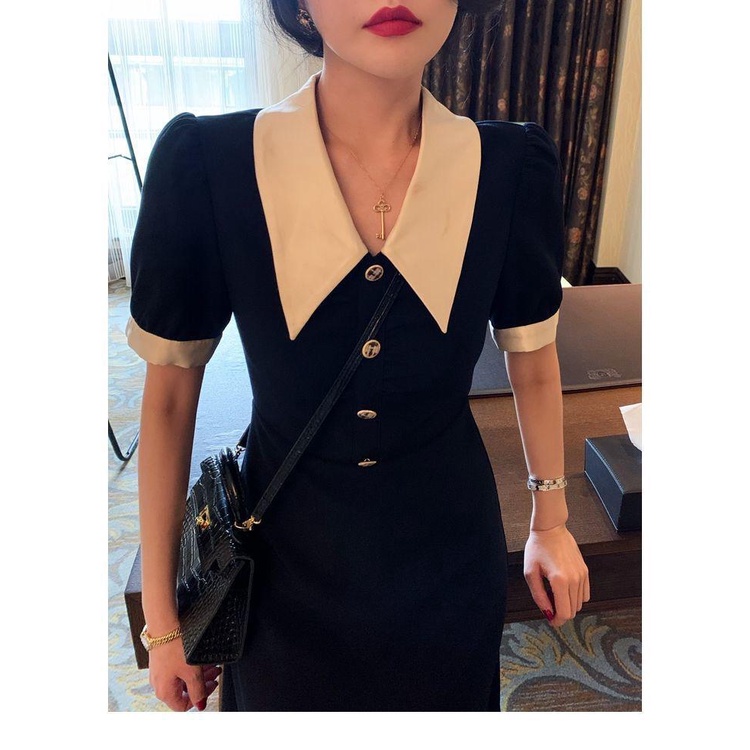 [littlecrab] Dress Panjang Lengan Pendek Berkerah Kancing Kayu X Biru Dongker Hitam Two Tone Long Dress Kerja Acara Simple Elegan Berkualitas Simply Korean Style