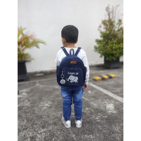 (Backpack Anak Kids) Baglist Navy Biru Dongker tas ransel custom bordir nama gambar paud tk sekolah dino gajah