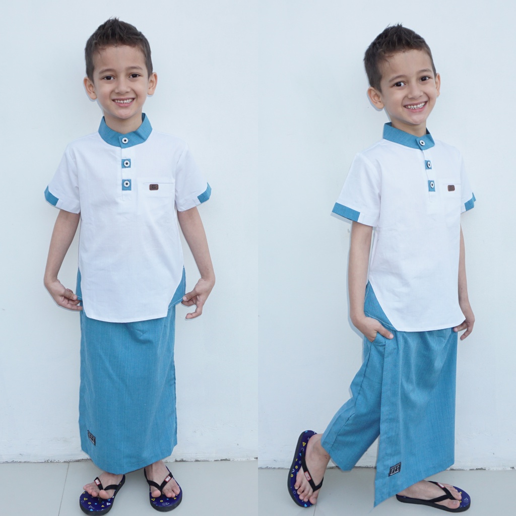 Hooflakids Set Setelan Baju Koko Anak Laki Laki Usia 1-10 Tahun Warna Putih (NKH02) Bawahan Celana Sarung Sarcel