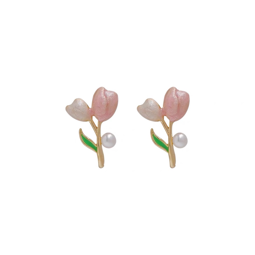 Anting Stud Bentuk Tulip Aksen Mutiara Bahan Metal Untuk Wanita