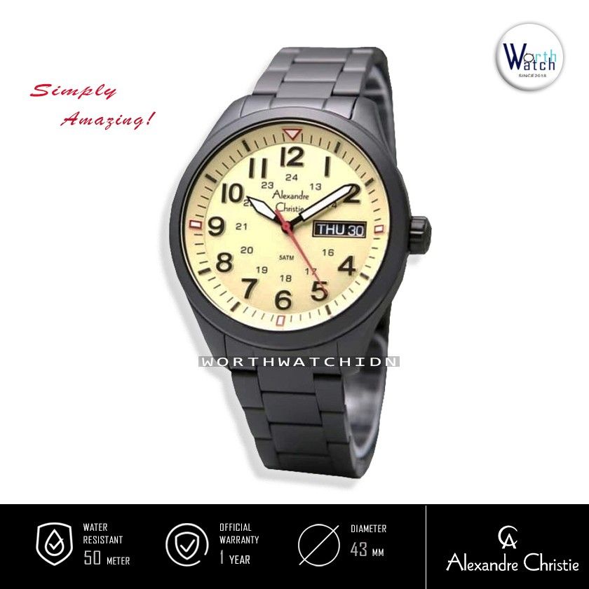 Jam Tangan Pria Alexandre Christie AC6539 AC 6539 Cream Dial Black Stainless Steel Original