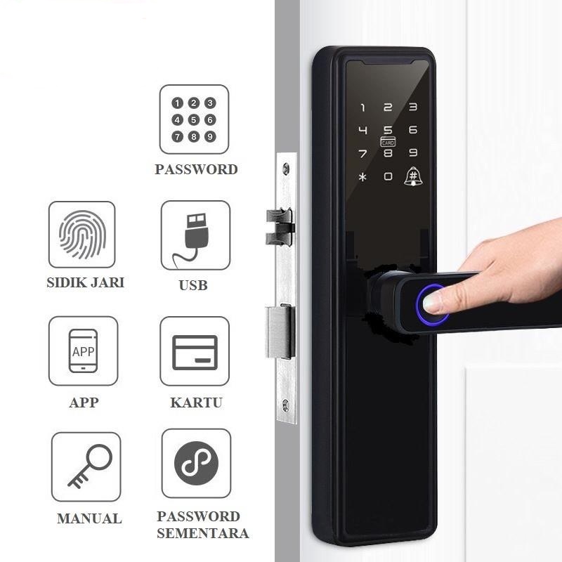 Kunci Pintu Smart Door Lock Sidik Jari Password RFID Kartu Otomatis Ganda Anti Panik