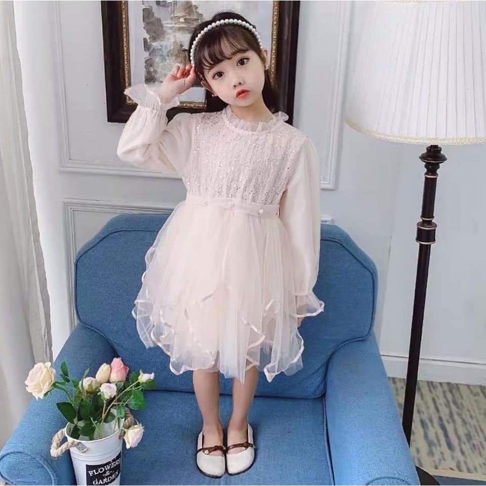 PREMIUM Dress Gaun Pesta Anak Import Tile Tulle Manik Mutiara Umpak Lengan Panjang